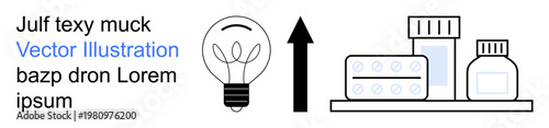 Healthcare innovation, pharmaceutical progress, medical growth, ideas, wellness strategies, upward trends. Lightbulb, arrow pills and bottles . Healthcare innovation and pharmaceutical progress