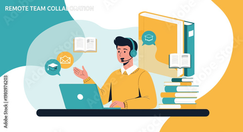 Remote Team Collaboration: Man with Laptop, Headphones, and Books