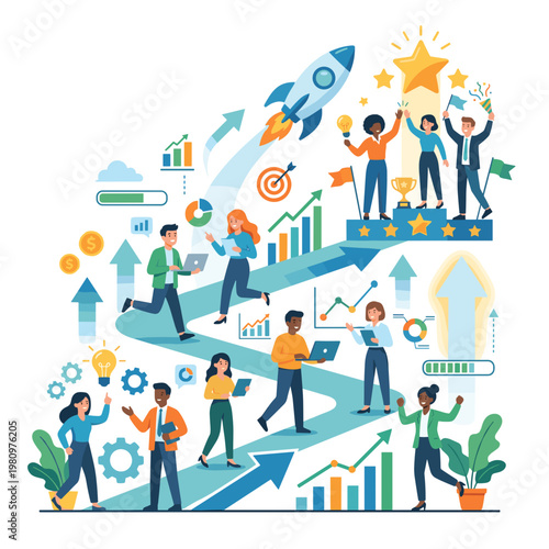 Diverse teams achieve business growth and startup success.