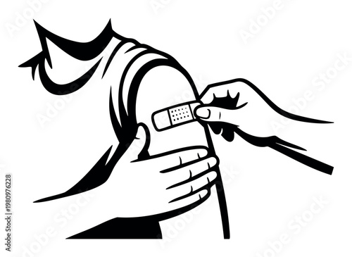 Person receiving a bandage on their arm after getting a vaccine shot from a healthcare worker, promoting health and wellness