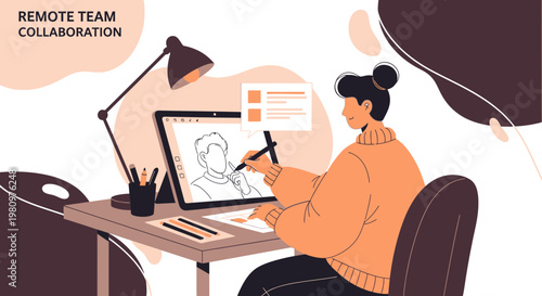 Remote Team Collaboration: Woman Working on Digital Art Project at Desk
