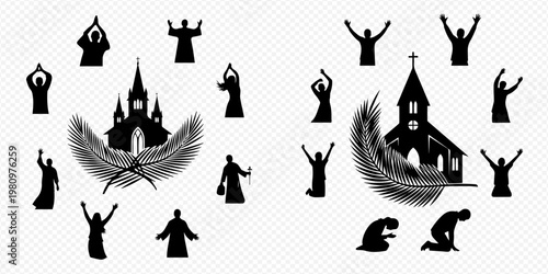 Religious Silhouettes with Churches, Feathers, and Praying People Icons.