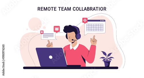 Remote Team Collaboration: Person working on laptop with headset, communication icons