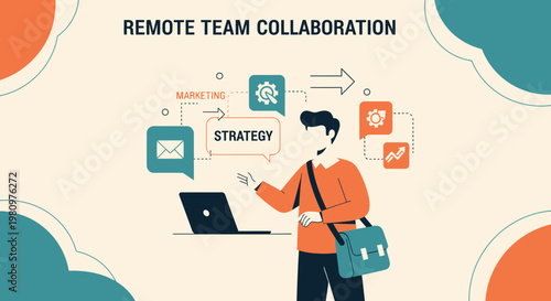 Remote Team Collaboration Strategy with Digital Marketing and Technology Icons