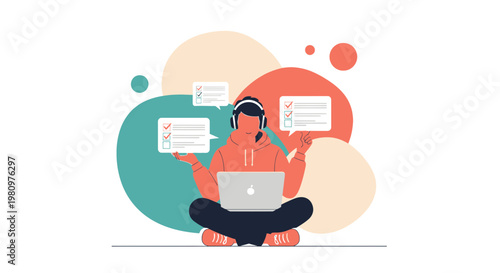 Student with headphones and laptop learning online, surrounded by abstract shapes and checklists