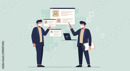 Teamwork and presentation of resumes or profiles with masks