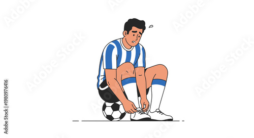 Tired Soccer Player Tying Shoelaces Sitting on Ball, White Background