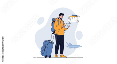 Traveler planning trip with tablet and calendar, suitcase, backpack, airplane in background