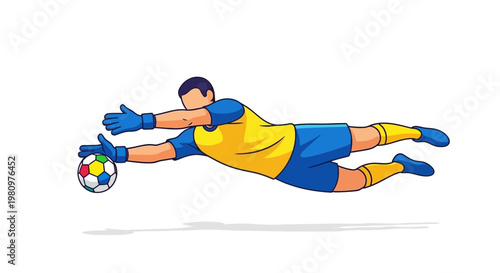 Soccer Goalkeeper Diving Catching Ball, Sports Action Illustration