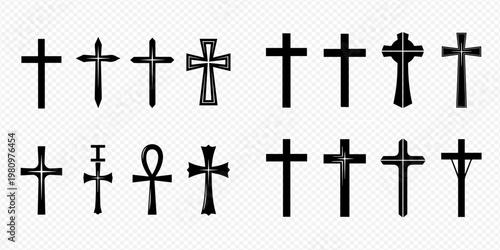 Collection of various black cross symbols on a transparent background, representing Christianity and other faiths.