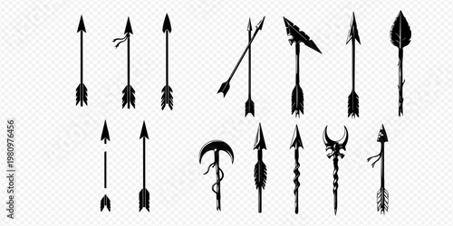 Set of black silhouette arrow designs, including various styles of bow arrows, spearheads, and decorative elements.