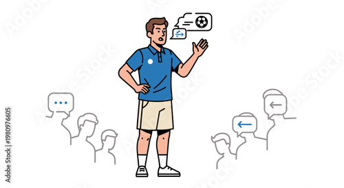 Soccer Coach Explaining Tactics to Players with Speech Bubbles