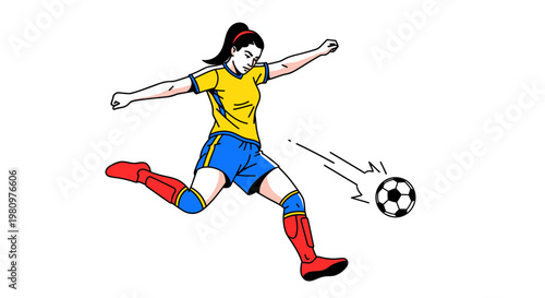 Woman soccer player kicking ball, dynamic action shot, isolated on white
