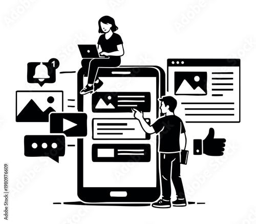 People creating and sharing content for social media and digital marketing on a large smartphone and laptop