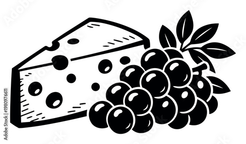 Cheese wedge with holes and a bunch of grapes with leaves, creating a black and white woodcut style illustration