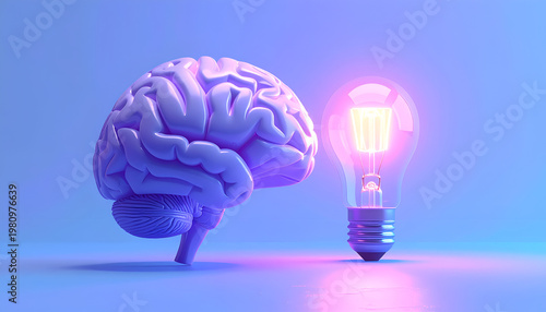 A vibrant, stylized image depicts a purple human brain positioned alongside a glowing lightbulb, symbolizing innovation, intelligence, and creative thought.