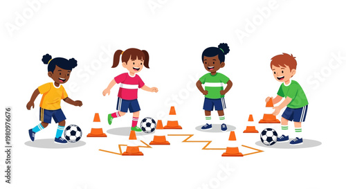 Diverse Kids Practicing Soccer Drills with Cones, Fun Outdoor Activity