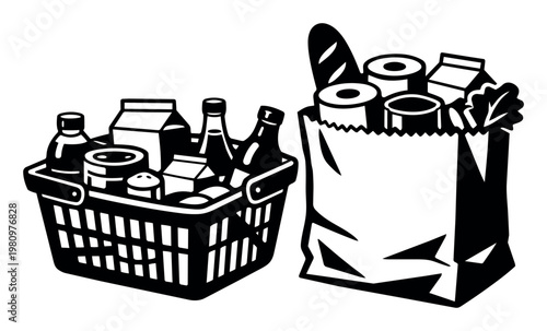 Shopping basket and paper bag filled with groceries, highlighting the themes of shopping, buying, and consumption