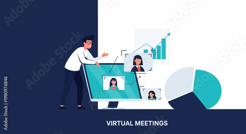Virtual Meetings Concept: Man with Laptop, Video Calls, Charts, and Pie Chart