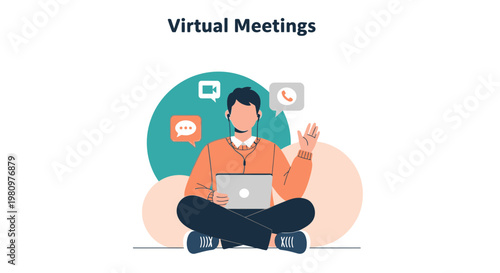 Virtual Meetings: Man with Laptop, Video Call, Chat Icons, Remote Work Concept