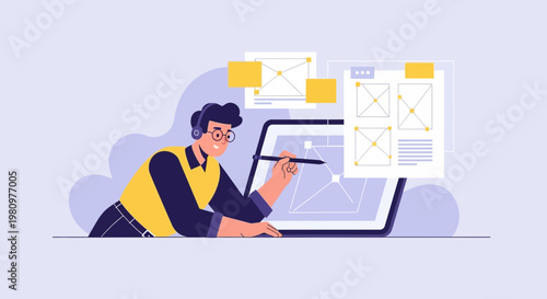 Web designer creating wireframes on laptop with stylus, ux ui design concept