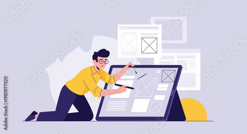 Web Designer Creating Wireframes on Tablet, UX/UI Design Process, Digital Art