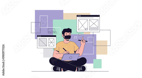 Web designer creating wireframes on laptop, masked man working remotely, digital art