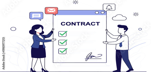 Digital Contract Agreement Illustration with Business People, Online Document Signing, Checklist Approval and Electronic Signature Concept for Legal, Finance and Corporate Workflow Design