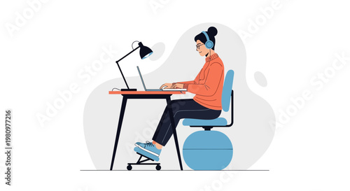 Woman working on laptop with headphones, sitting at desk with exercise ball chair