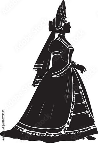 Silhouette of a woman in elaborate 19th-century Russian historical dress, featuring a high headdress and detailed gown.