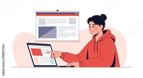 Woman working on laptop, pointing at screen, web design concept