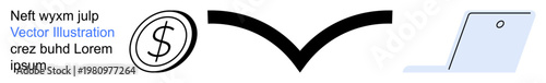 Financial services, online banking, cashless payment, digital transaction, data exchange, remote work. A dollar sign, curved arrow and laptop icon. Online banking and cashless payment concept