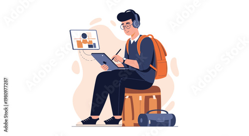 Young artist with headphones drawing on tablet, creative process, digital art, inspiration