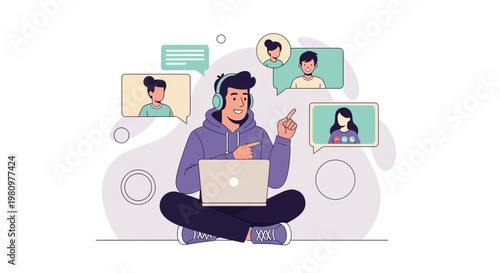 Young man video conferencing with friends on laptop, online communication concept
