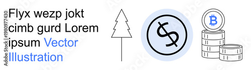 Cryptocurrency, financial growth, investment, sustainable economy, eco-finance, monetary systems. Dollar sign and Bitcoin on coins, tree symbol. Cryptocurrency and financial growth