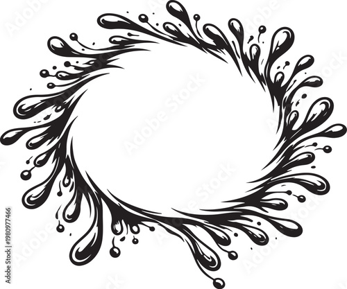 Black liquid splash frame vector, circular ink splatter border, dynamic water drop wreath for creative logo design