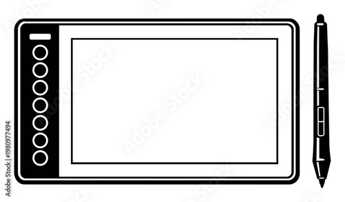 Digital graphics tablet with a pen stylus for drawing, sketching, and designing, representing modern creative tools