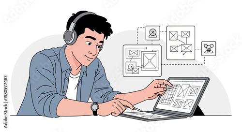 Young man with headphones designing user interface on laptop, wireframing app