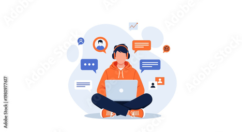 Young man with headphones using laptop, surrounded by chat bubbles and social media icons