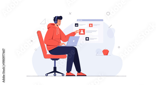 Young man with headphones working on laptop at desk, online profile management concept
