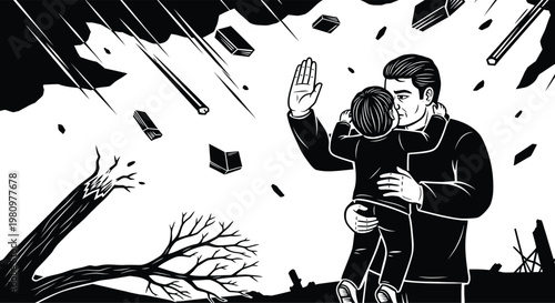 Man with raised hands amidst falling debris and a distorted landscape