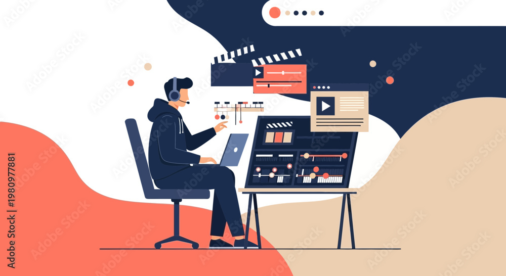 Fototapeta premium Video Editor Working on Laptop with Editing Software and Equipment