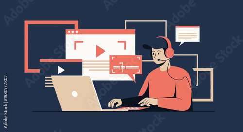 Young man with headset working on laptop, video editing concept, online communication