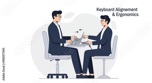 Two businessmen discussing keyboard alignment and ergonomics at a table