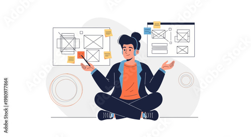 UX Designer Planning Wireframes on Whiteboard, Sitting Cross-legged