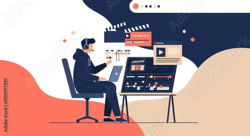 Video Editor Working on Laptop with Editing Software and Equipment