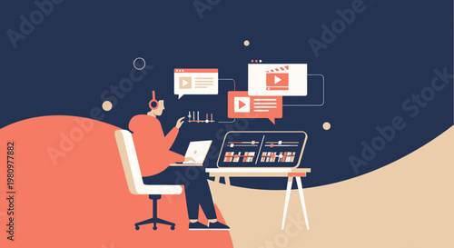 Video Editor Working on Laptop, Online Content Creation, Digital Media Production