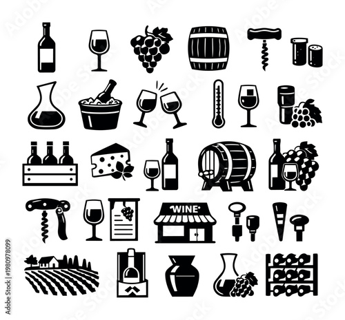 Set of monochrome wine and winemaking symbols, showcasing every step from vineyard to sampling the final product