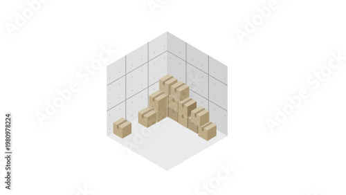 Concrete background with stacked cardboard boxes　isometric illustration 2