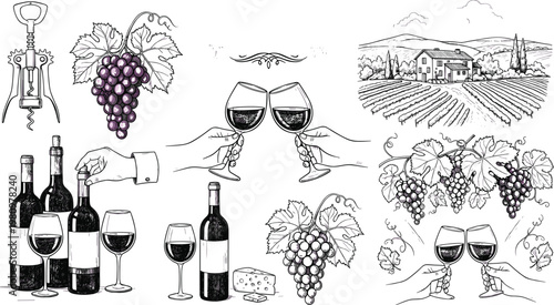 Comprehensive Hand-Drawn Vector Set of Wine Culture Elements Featuring Vineyards Grapes Corkscrews and Toasting GlassesComprehensive Hand-Drawn Vector Set of Wine Culture Elements Featuring Vineyards 